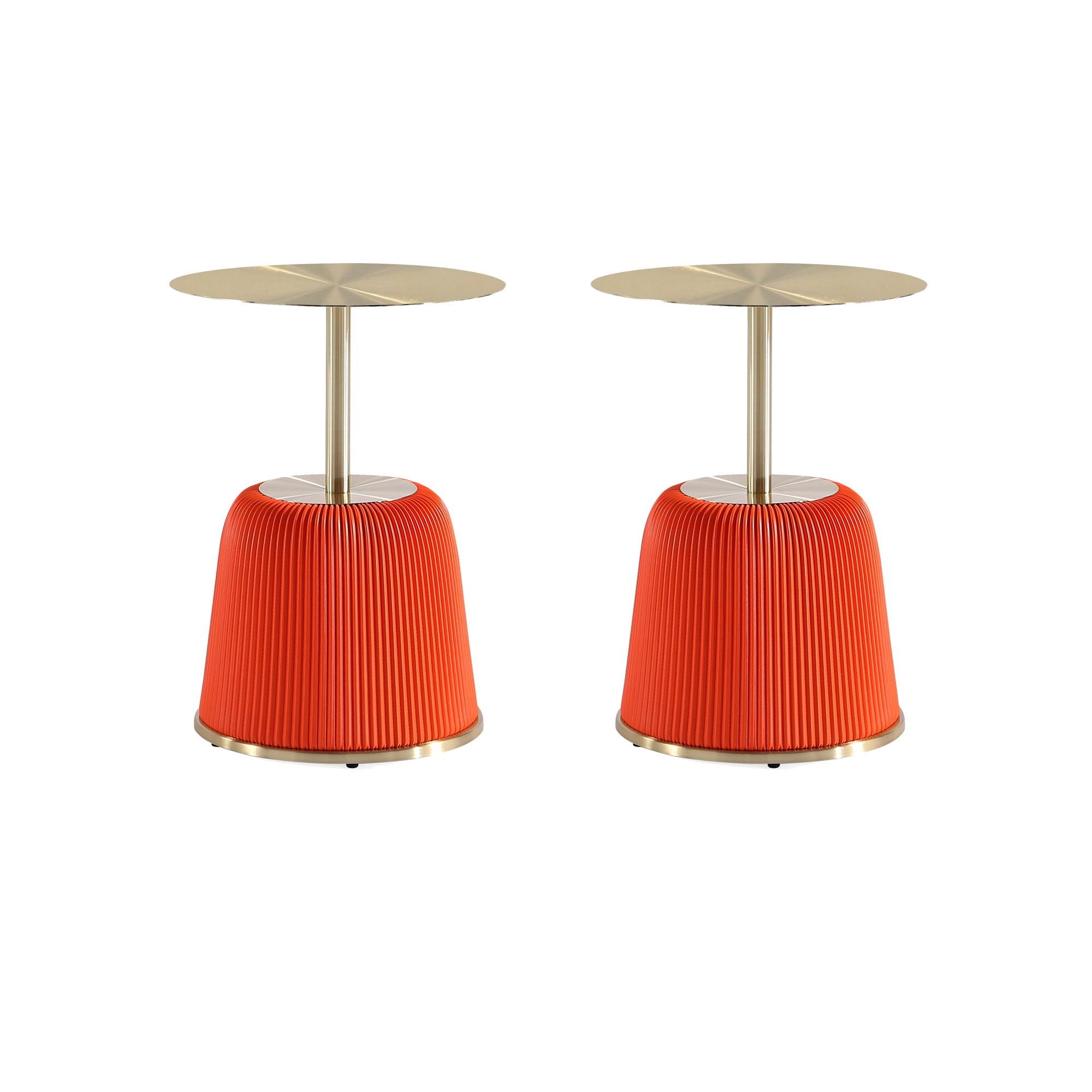 Manhattan Comfort Set of 2 Anderson Leatherette Upholstered End Tables with Gold Tabletop Orange: Round, No Assembly, Stainless Steel Frame