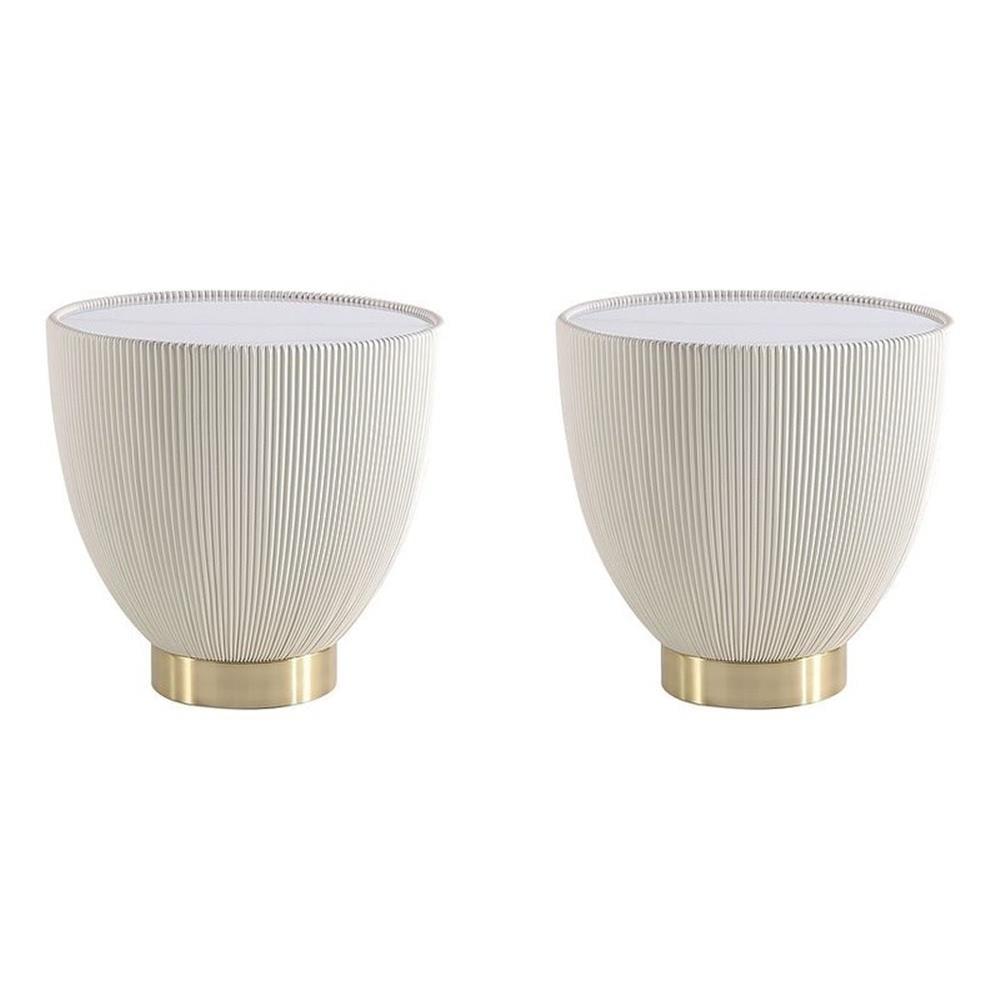 Manhattan Comfort Set of 2 Anderson Leatherette End Tables with Faux Marble Tabletop Cream: Round, No Assembly, Modern Style