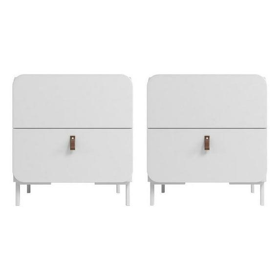 Manhattan Comfort Set of 2 Bogardus Mid Century Modern Nightstands White: Rounded Drawer, Leather Pull, Particle Board
