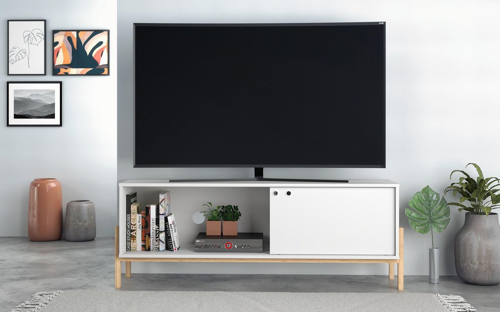 Bowery TV Stand for TVs up to 50" White/Oak - Manhattan Comfort: Media Console with Sliding Door Storage