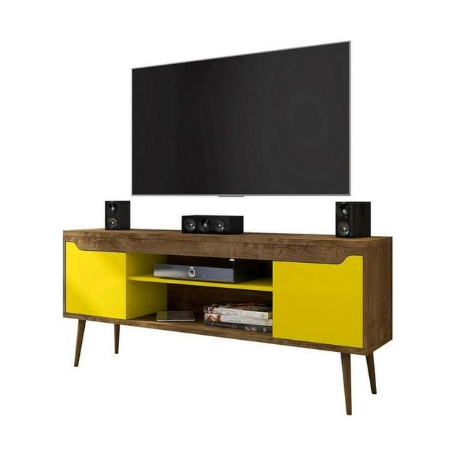 Manhattan Comfort Bradley TV Stand for TVs up to 60" Rustic Brown/Yellow: Mid-Century Modern Media Console with Open Shelves