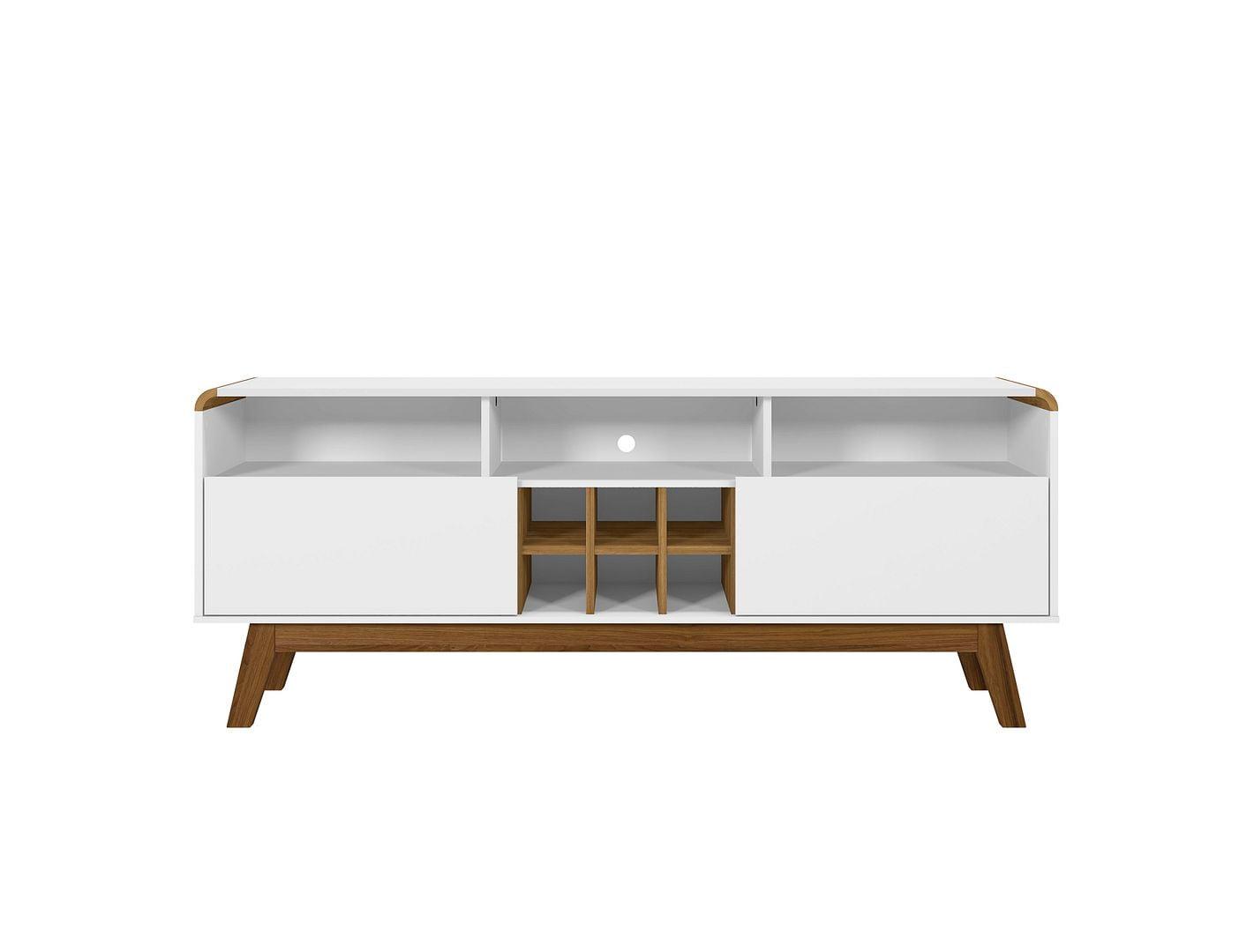 White and Cinnamon Mid-Century Modern TV Stand with Cabinets