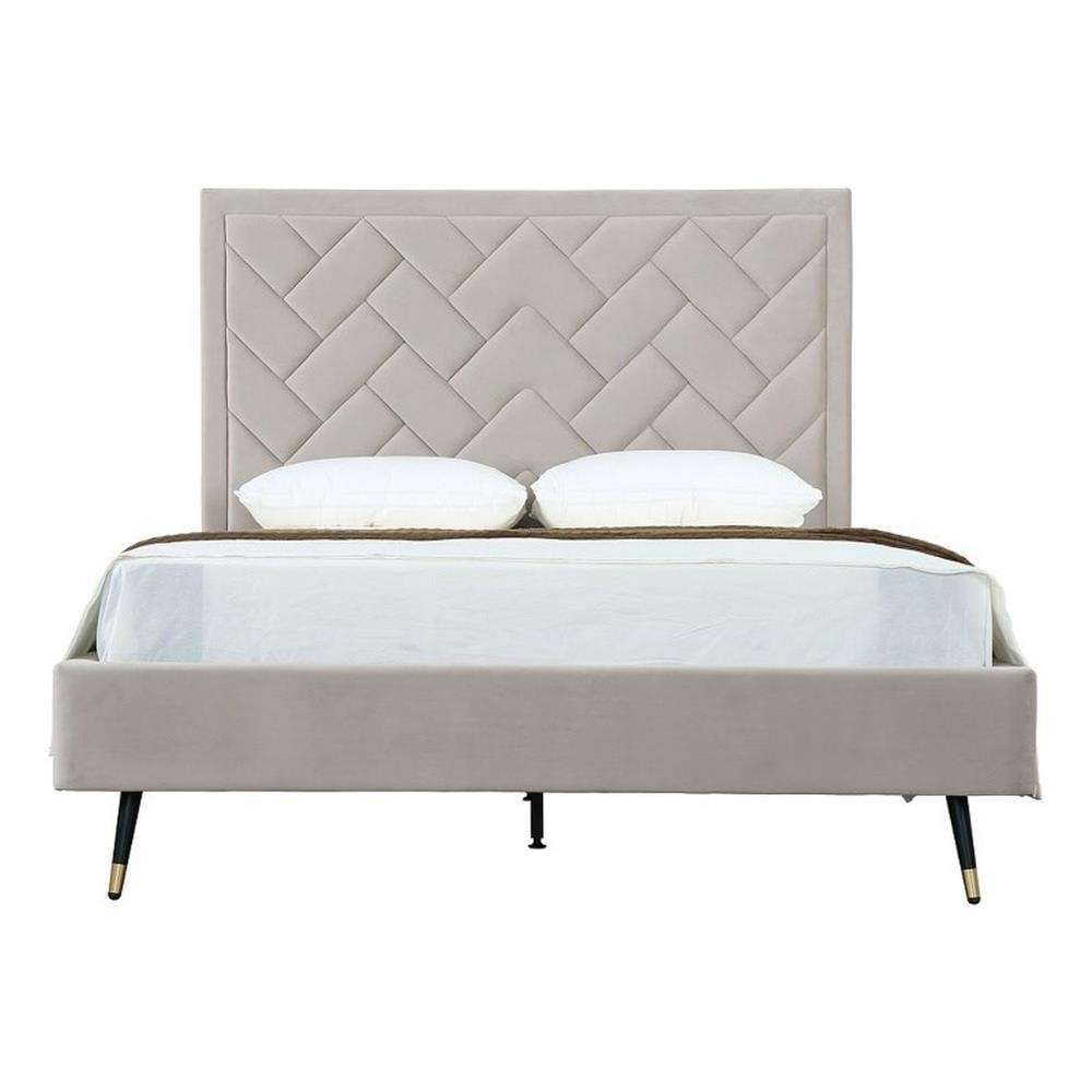 Queen Cream Velvet Upholstered Bed with Chevron Headboard