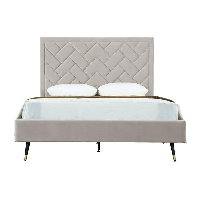 Manhattan Comfort Queen Crosby Modern Velvet Upholstered Bed Greige