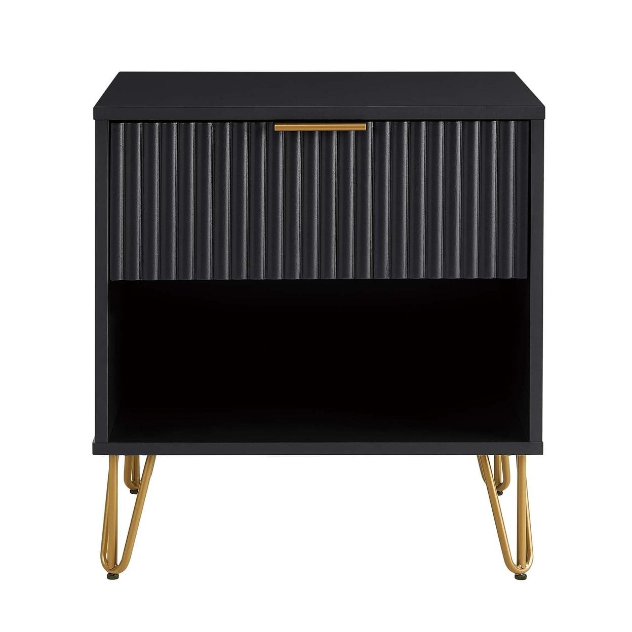 Manhattan Comfort Dumbo Nightstand with Drawer Black: Modern Design, Splayed Metal Legs, Soft Close Storage