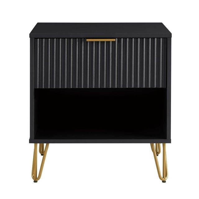 Manhattan Comfort Dumbo Nightstand with Drawer Black: Modern Design, Splayed Metal Legs, Soft Close Storage