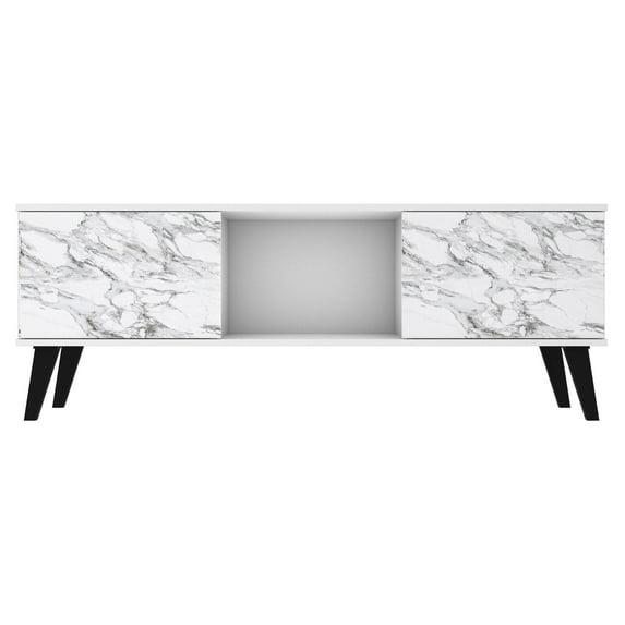 Manhattan Comfort Doyers Wood TV Stand for TVs up to 75" in White/Marble Stamp
