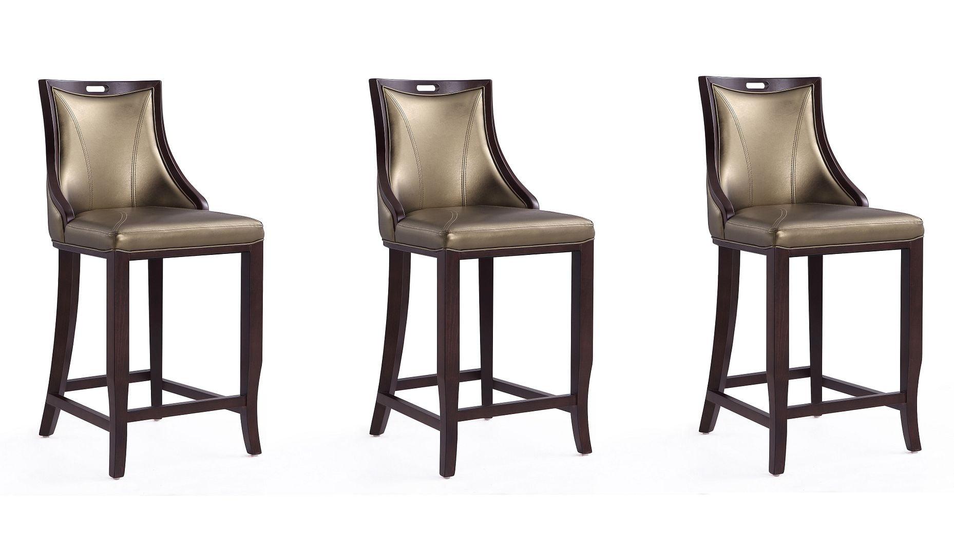 Elegant Hourglass Walnut & Bronze Faux Leather Barstools - Set of 3