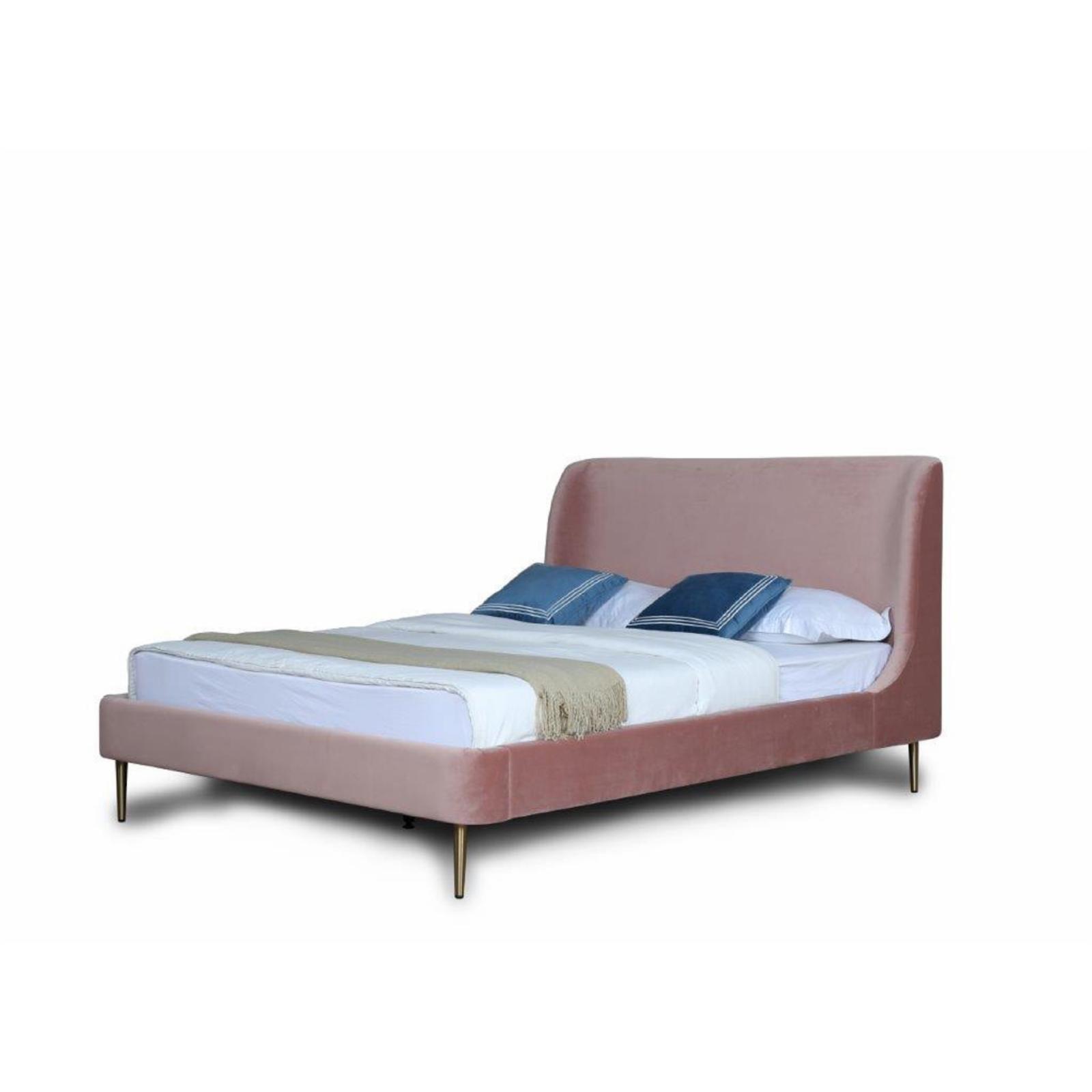 Blush Pink Velvet Full Bed with Gold Legs and Upholstered Headboard