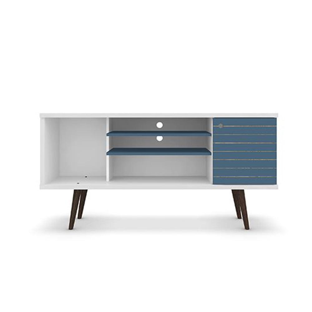 White and Aqua Blue Mid-Century Modern TV Stand with Cabinet