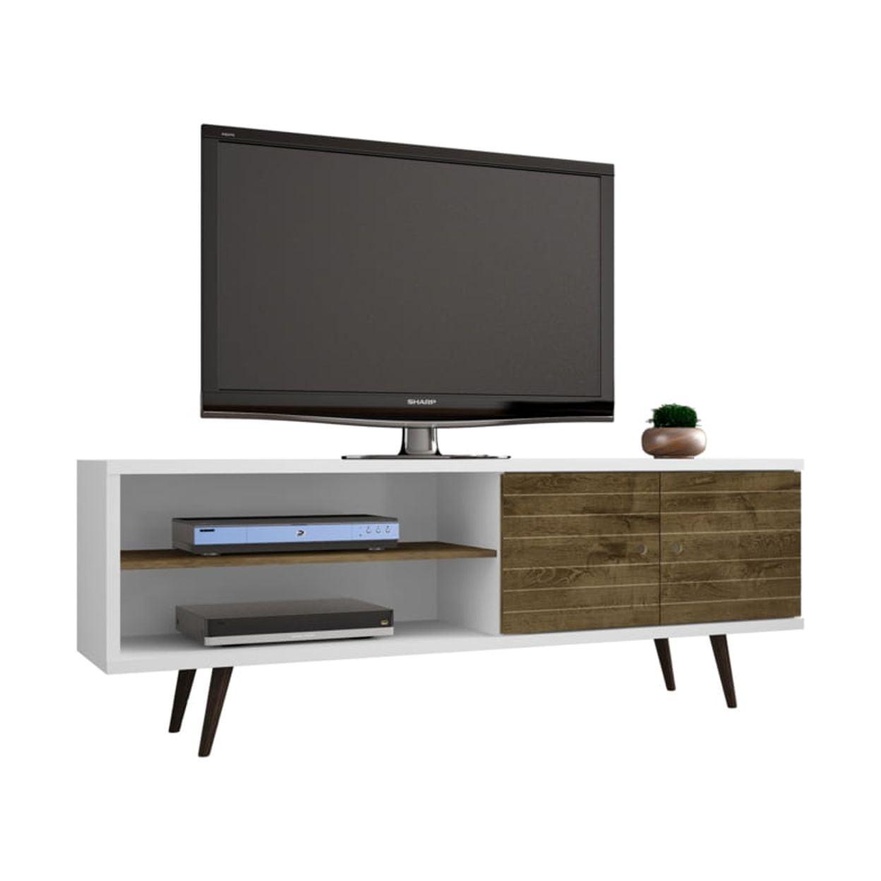 Liberty 63'' White and Rustic Brown Mid-Century Modern TV Stand with Cabinet