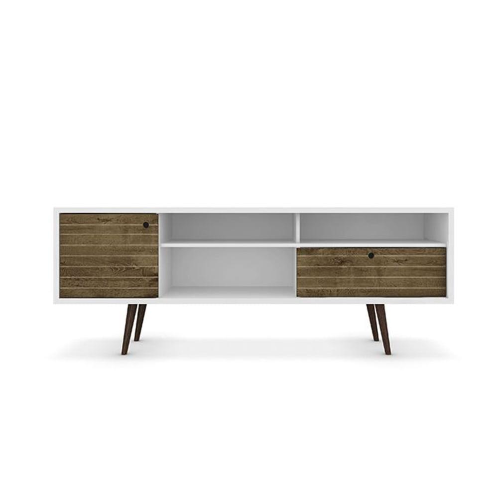 White and Rustic Brown 71" Mid-Century Modern TV Stand with Cabinet