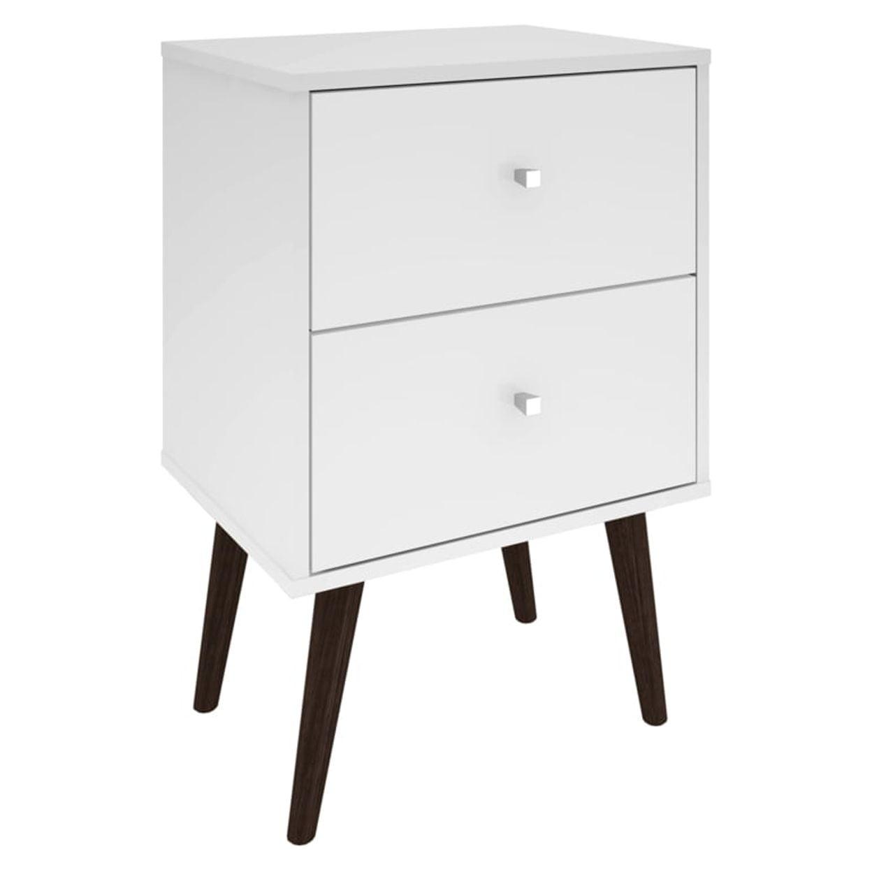 Mid-Century Modern White Gloss Nightstand with Metal Handles and Storage