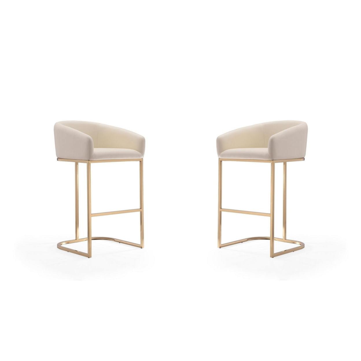 Set of 2 Louvre Upholstered Stainless Steel Barstools Cream: Gold Base, Faux Leather, No Assembly - Manhattan Comfort