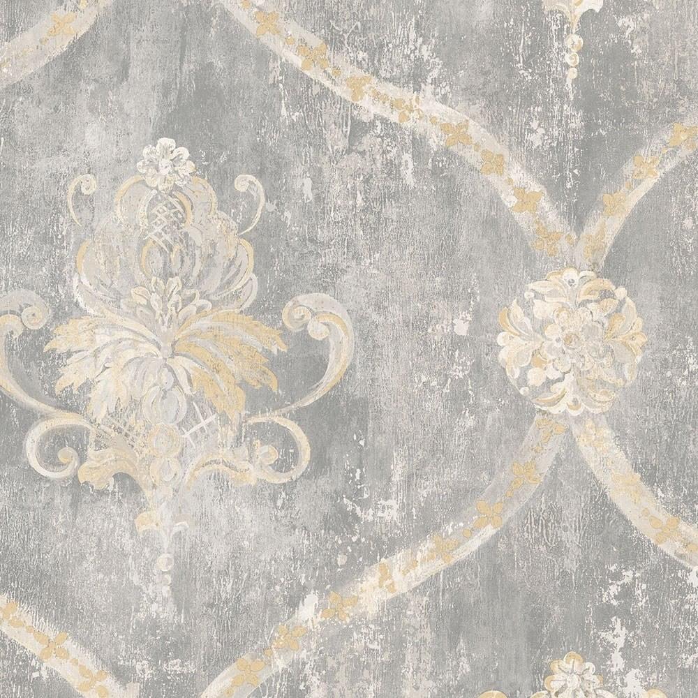 Gray and Beige Embossed Damask Pre-pasted Wallpaper