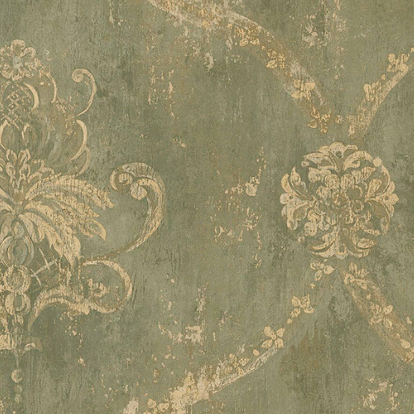 Green and Beige Embossed Damask Pre-pasted Wallpaper