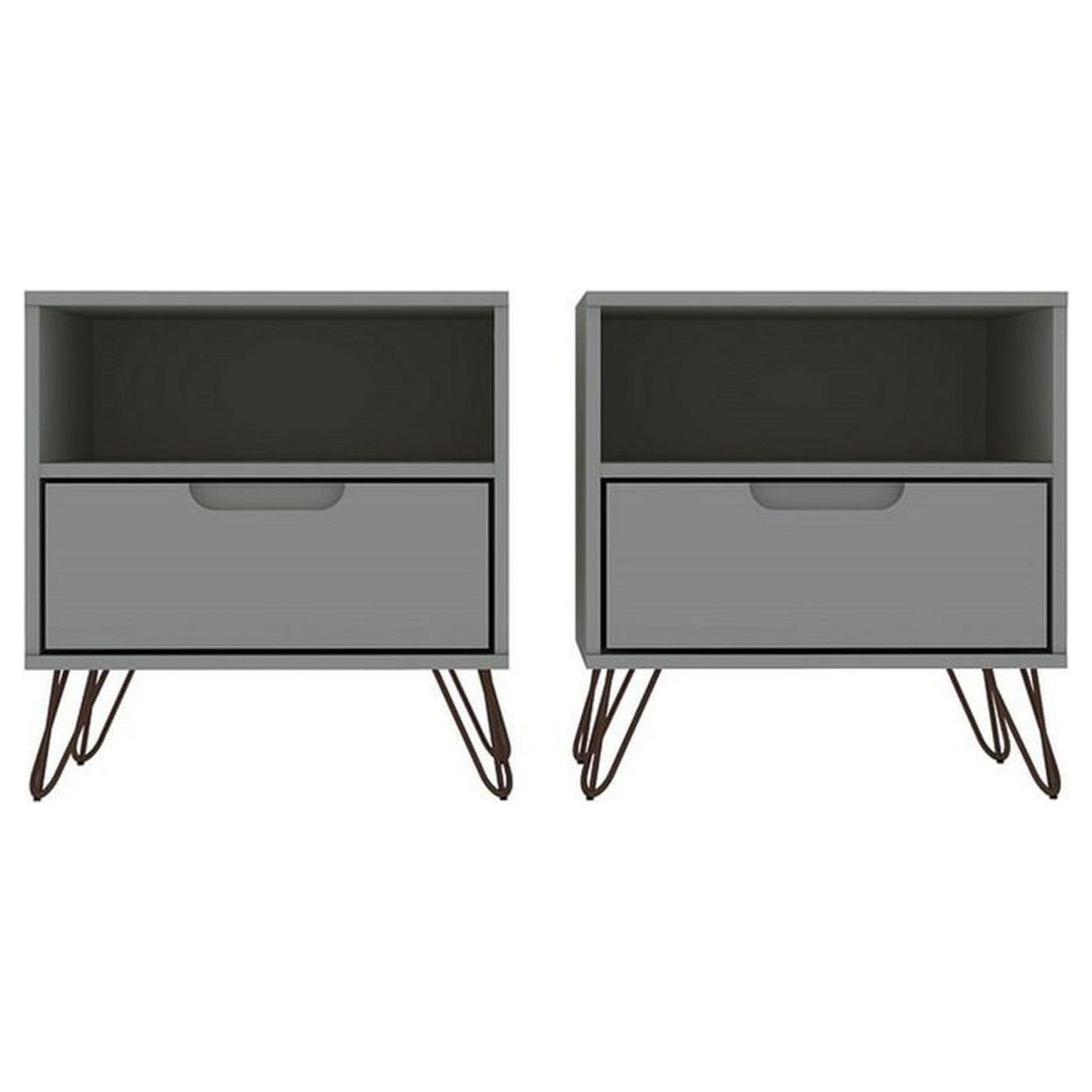 Set of 2 Rockefeller 1 Drawer Nightstands Off White - Manhattan Comfort: Mid-century Design, Metal Legs, Concealed Storage
