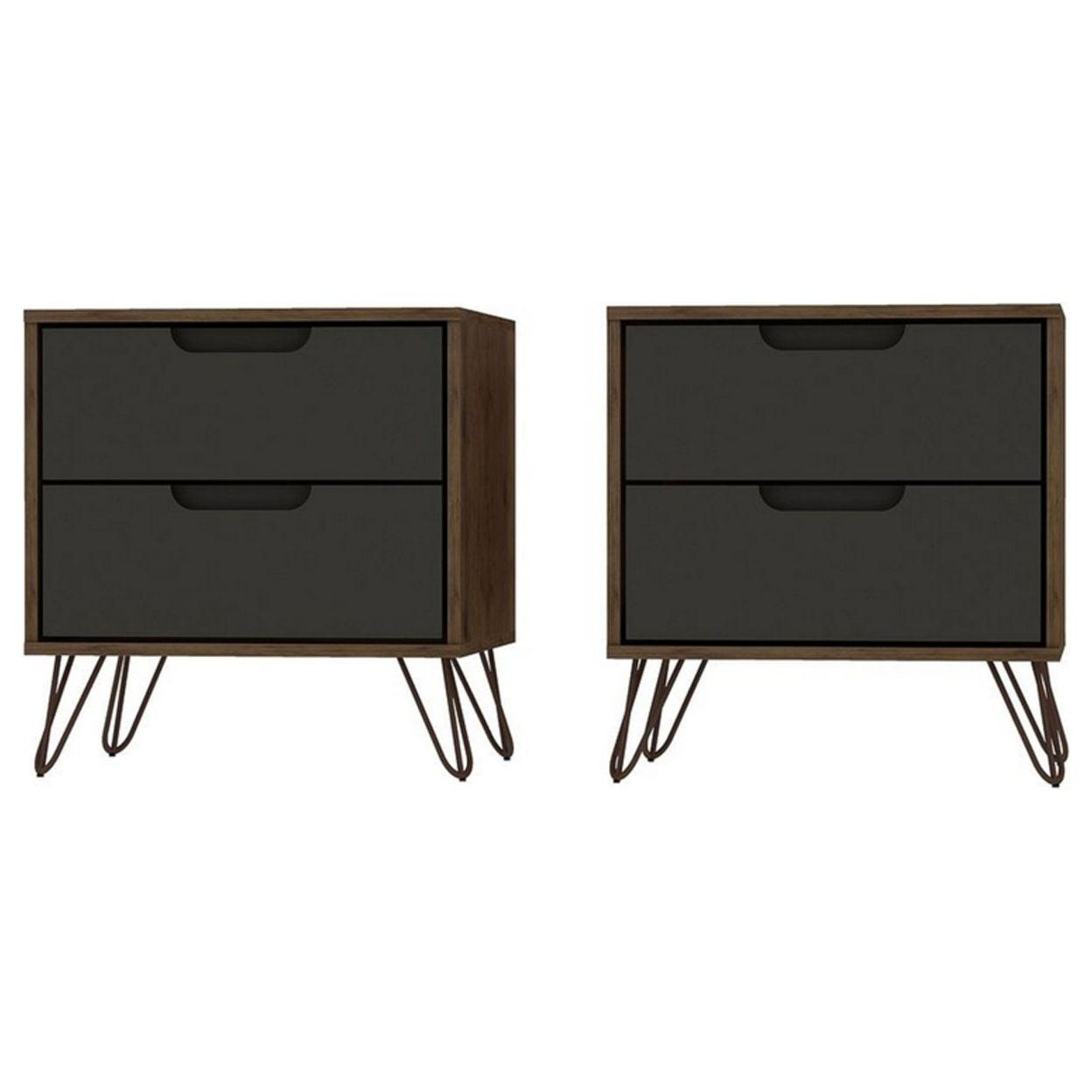 Set of 2 Rockefeller 2 Drawer Nightstands Nature/Textured Gray - Manhattan Comfort: Modern Splayed Metal Legs, MDF
