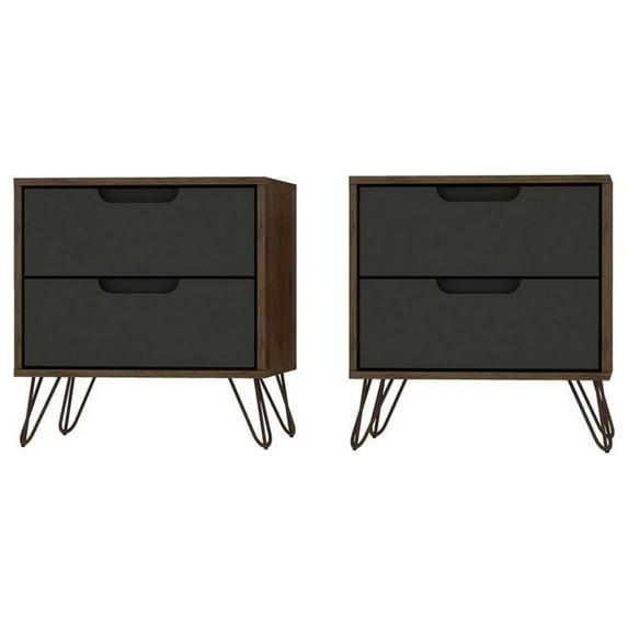 Set of 2 Rockefeller 2 Drawer Nightstands Nature/Textured Gray - Manhattan Comfort: Modern Splayed Metal Legs, MDF