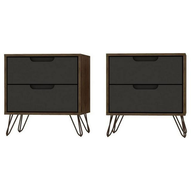 Set of 2 Rockefeller 2 Drawer Nightstands Nature/Textured Gray - Manhattan Comfort: Modern Splayed Metal Legs, MDF