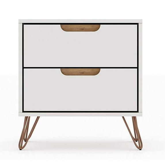 Manhattan Comfort 2.0 Rockefeller Nightstand Off White/Natural: Mid-Century Design, Splayed Metal Legs, Dual Drawers