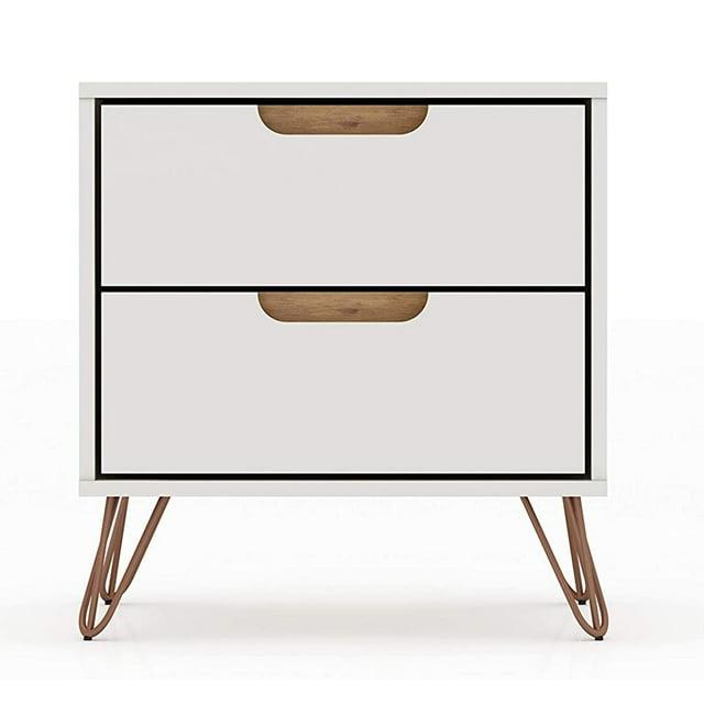 Manhattan Comfort 2.0 Rockefeller Nightstand Off White/Natural: Mid-Century Design, Splayed Metal Legs, Dual Drawers