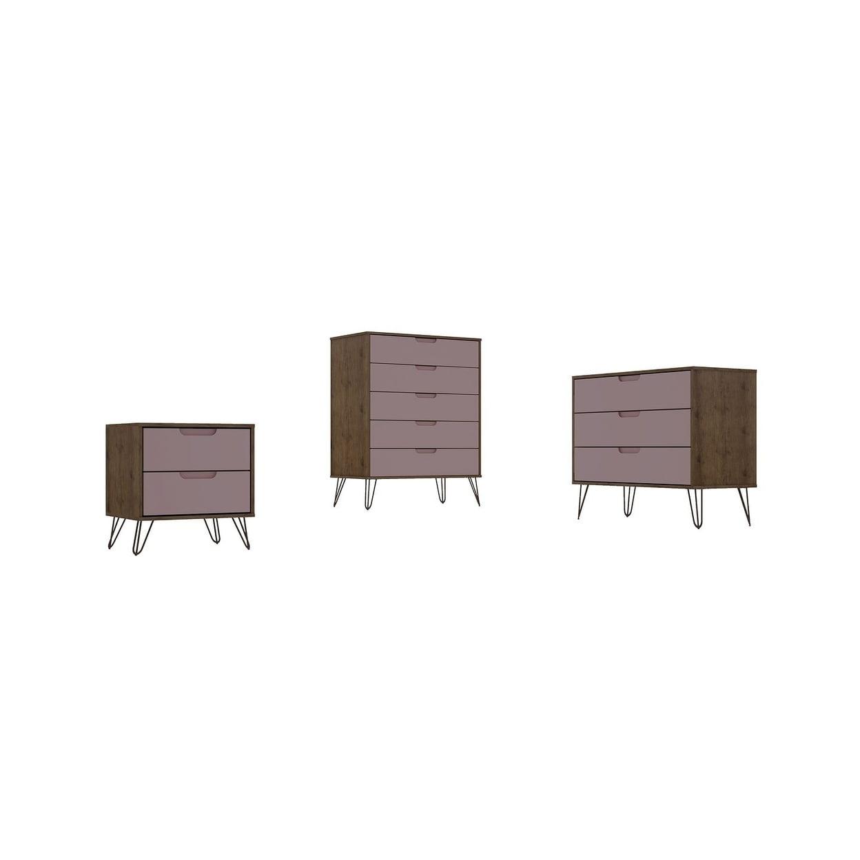 Manhattan Comfort Rockefeller 3-Piece Nature and Rose Pink Dresser and Nightstand Set