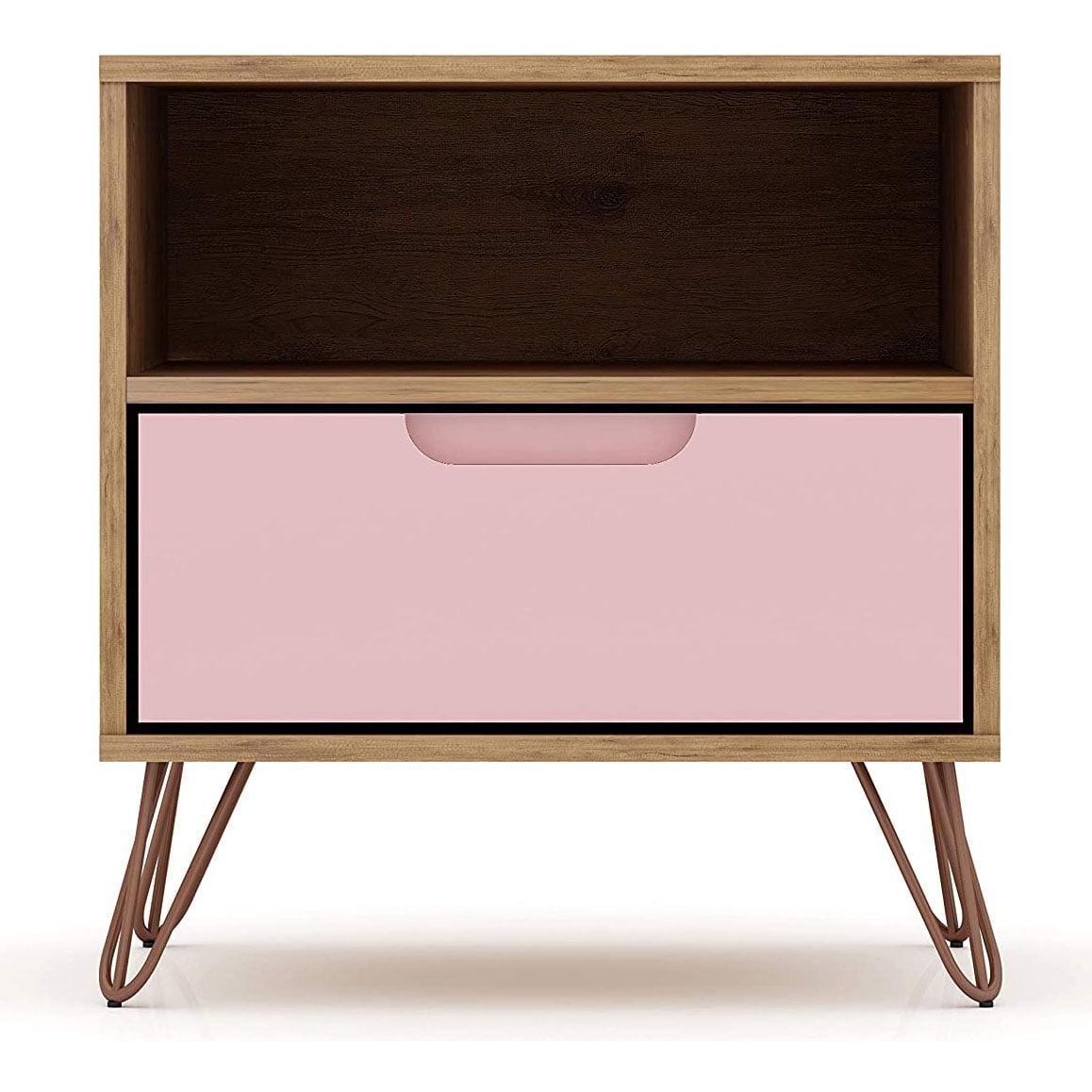 1.0 Rockefeller Nightstand Rose Pink - Manhattan Comfort: Mid-century Design, Metal Legs, Open Shelf
