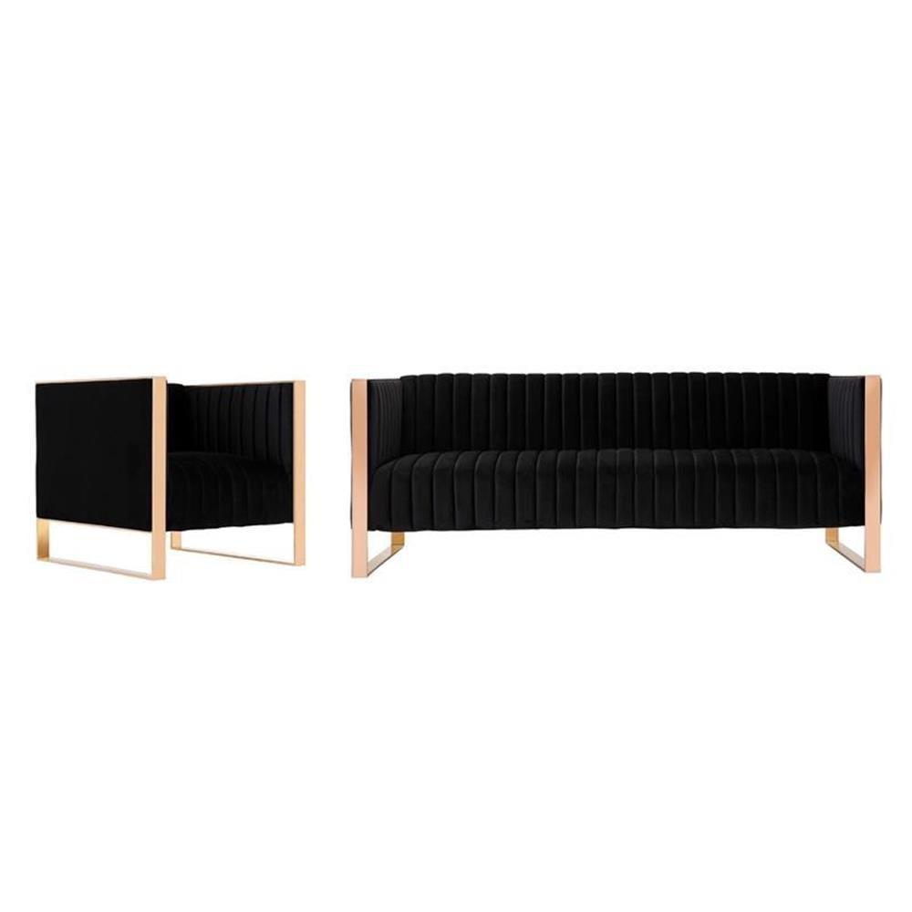 Black Velvet Sofa and Armchair Set with Rose Gold Frame