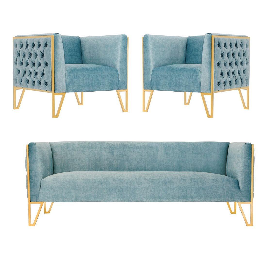 3pc Vector Sofa and Armchair Set Ocean Blue - Manhattan Comfort: Velvet Upholstery, Stainless Steel Legs, No Assembly Required