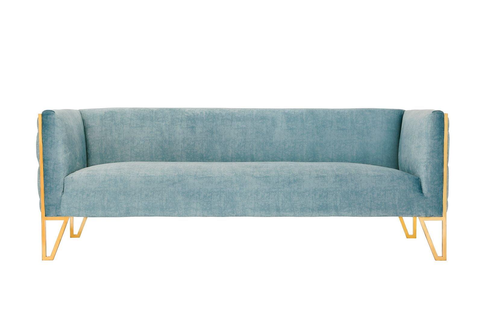 Ocean Blue Tufted Velvet Sofa with Polished Gold Metal Legs