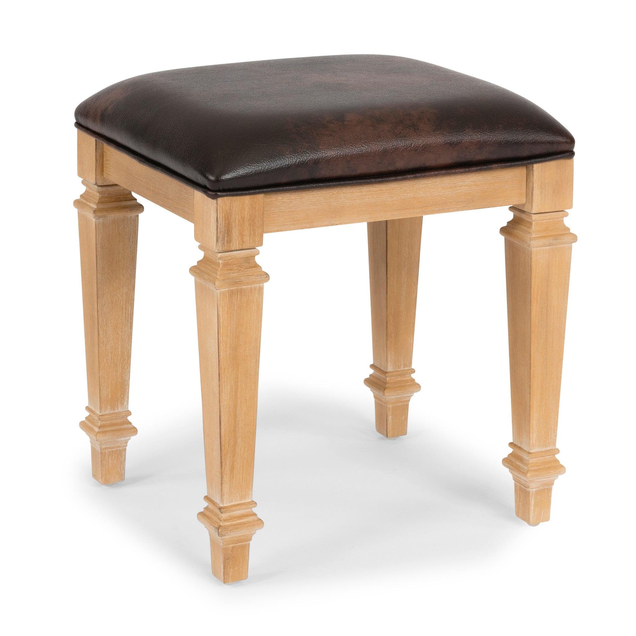 Manor House White Oak Vanity Bench with Brown Leather Upholstery