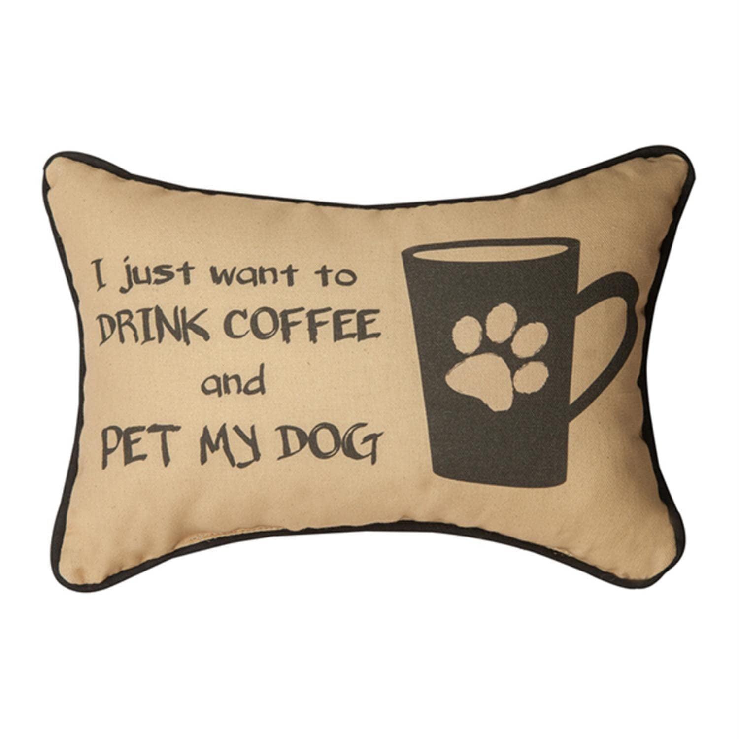 Manual Woodworker I Just Want to Drink Coffee and Pet My Dog Pillow - Coffee Dog Pillow - Outdoor/Indoor Pillow - Decorative Pillow, 17 x 9 Inches
