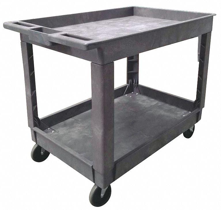 Gray Heavy-Duty Plastic Utility Cart with Lipped Shelves