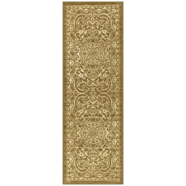 Maples Rugs Pelham Transitional Vintage Scroll Khaki Washable Hallway Runner Rug, 2' x 6'