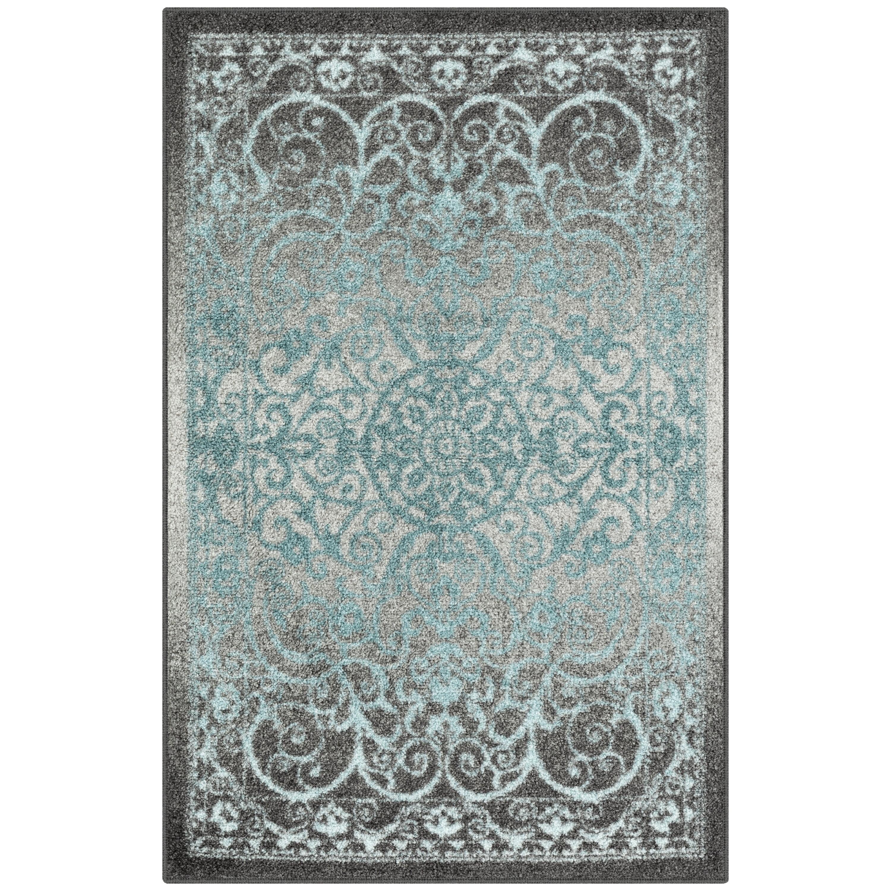 Vintage Scroll Grey Blue Synthetic Washable Accent Rug 20"x17"