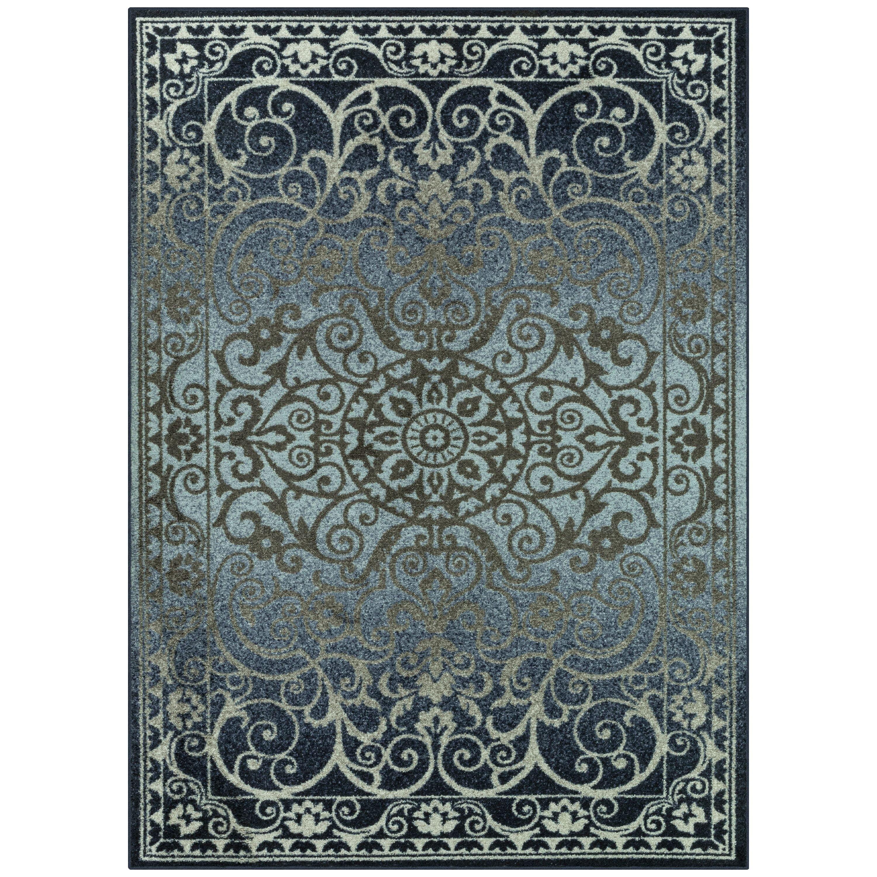 Navy and Grey Vintage Medallion Low Pile Area Rug