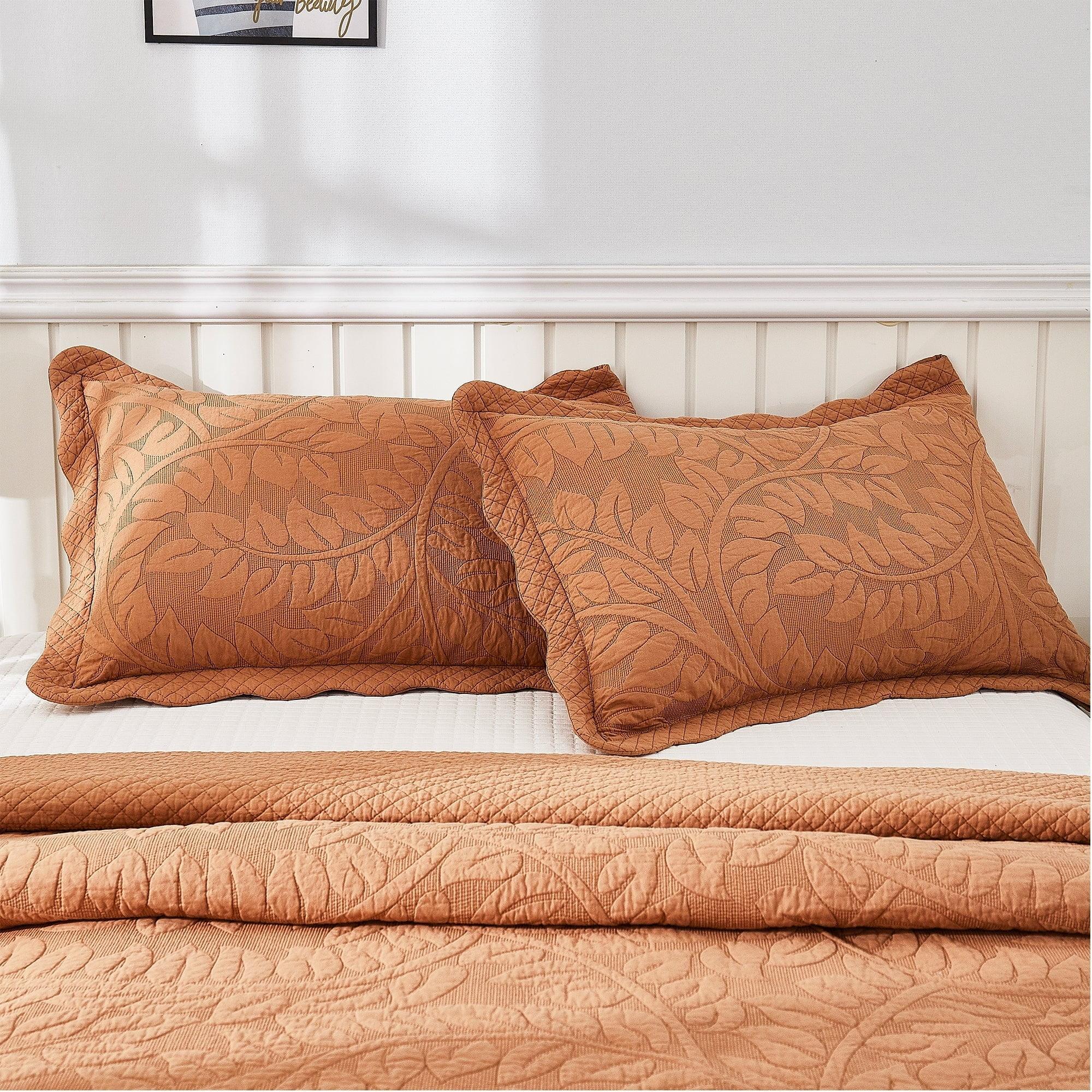 MarCielo  2-Piece 100% Cotton Embroidered Quilted Pillow Shams Royal Orange - King