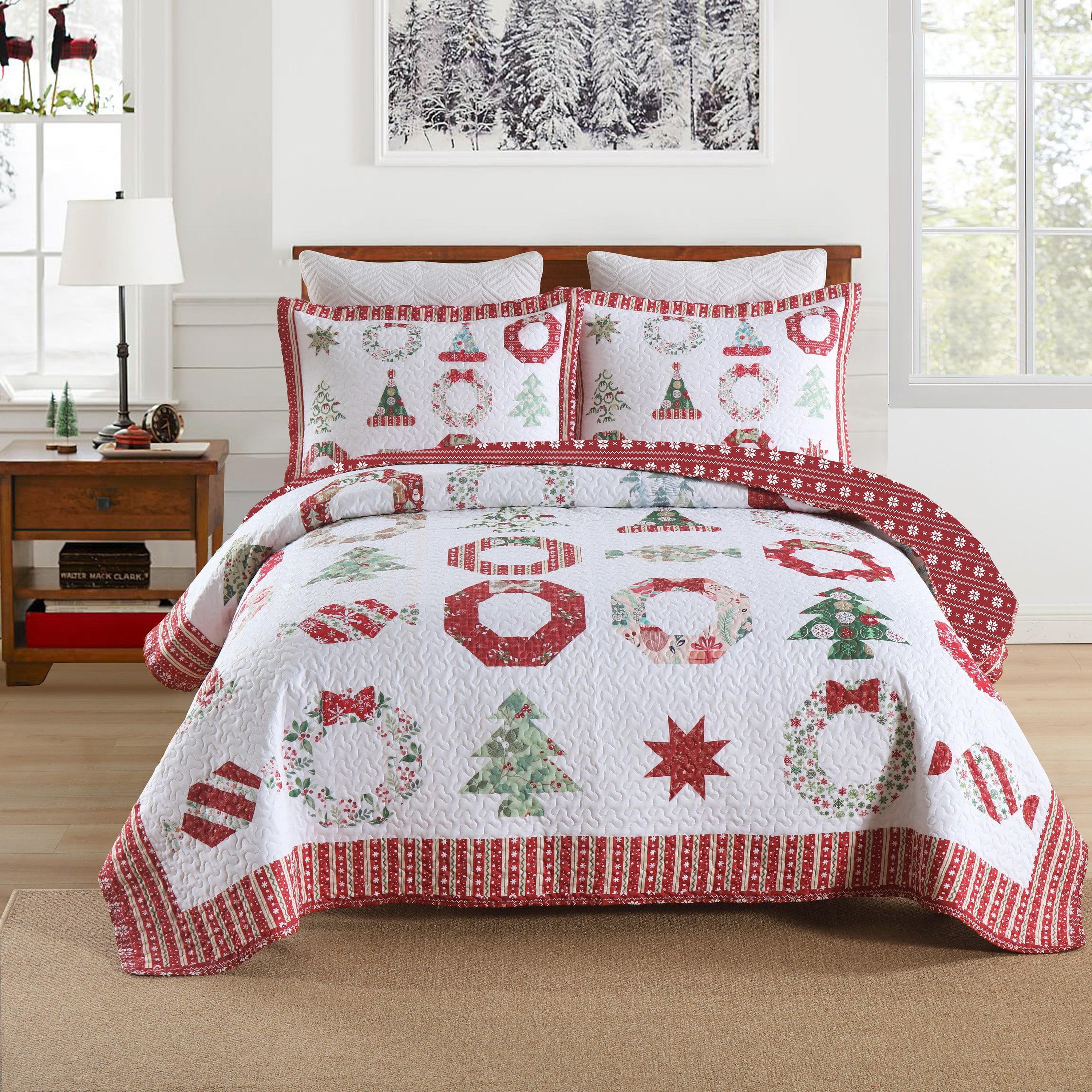 MarCielo 3 Pcs Christmas Quilt Bedspread Set Candy Red BY205