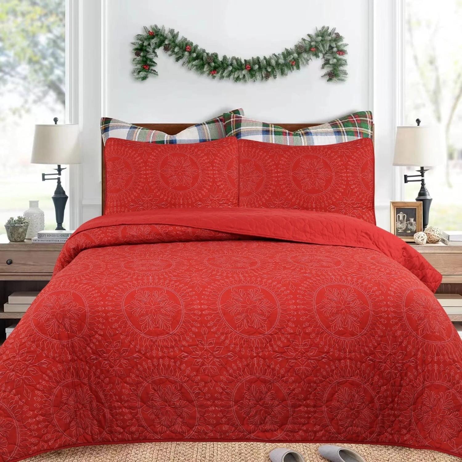 3 Pcs Festive Christmas Quilt Bedspread Set Holiday Bedding Medallion Red