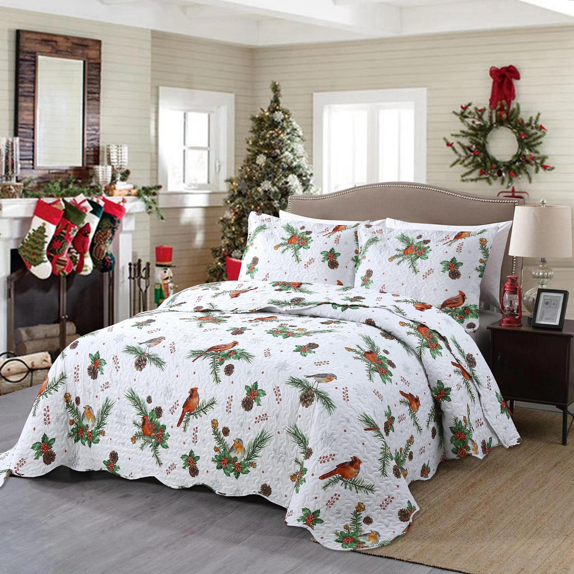 King White Winter Cardinals Christmas Quilt Set