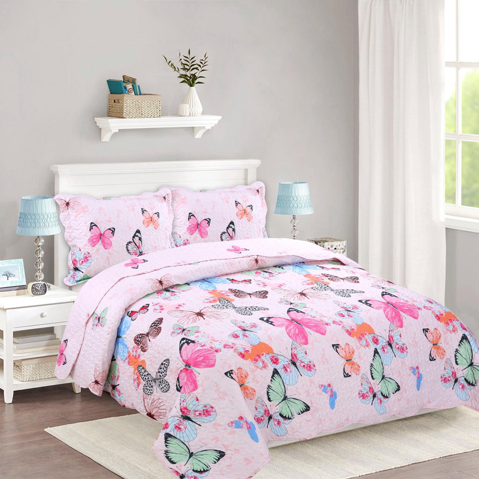 Full/Queen Pink Butterfly Microfiber Kids Quilt Set