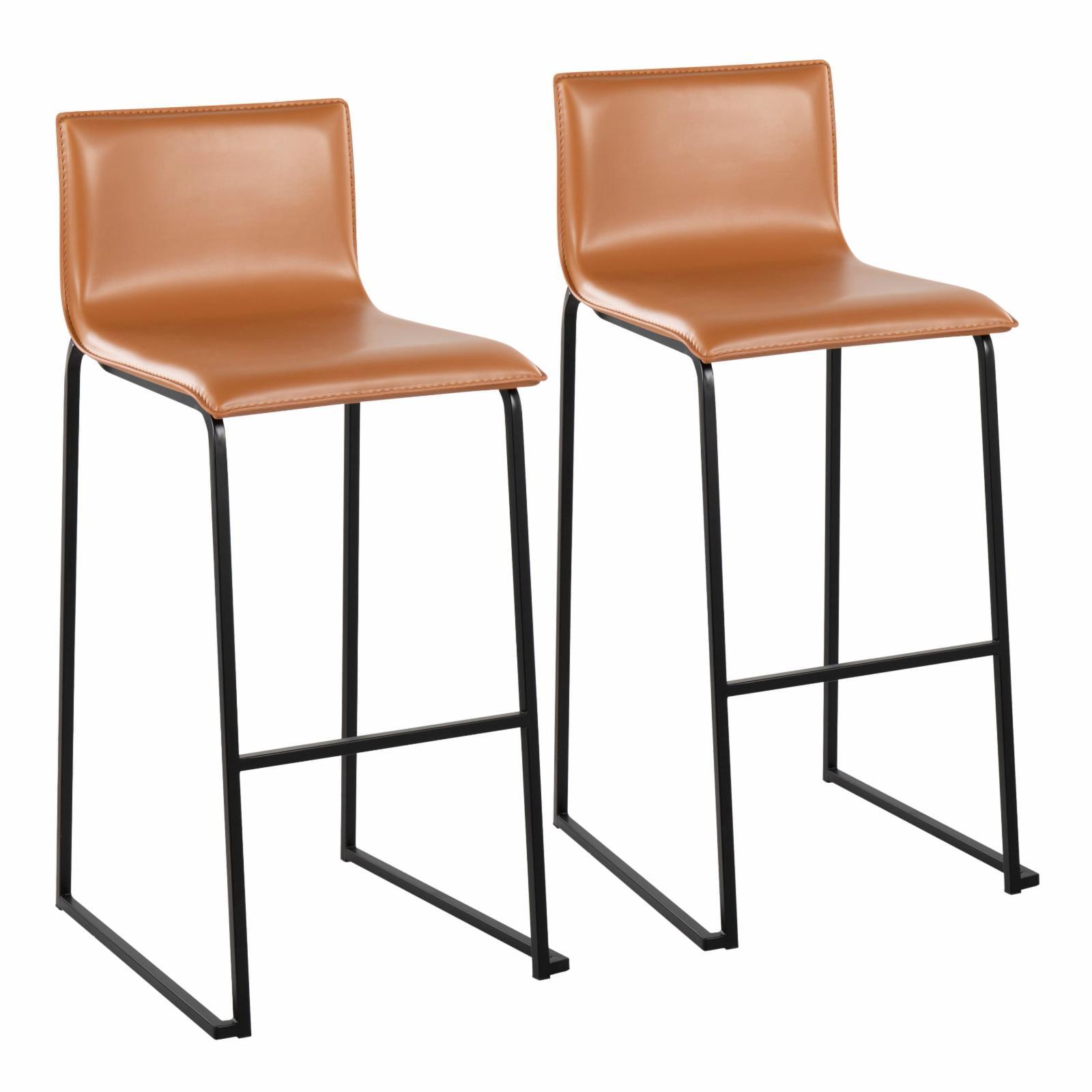 Elegant Mara 40" Black Metal and Camel Faux Leather Barstools, Set of 2