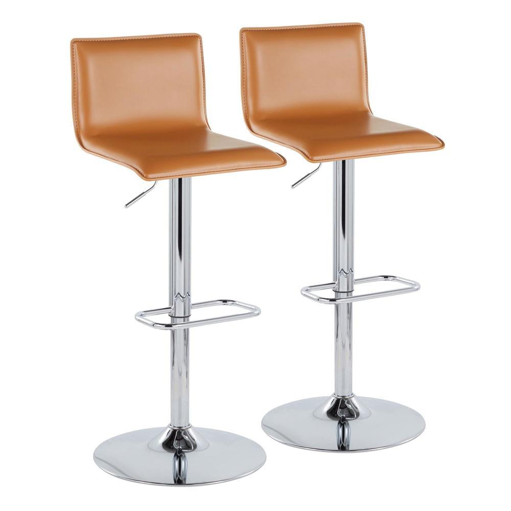 Mara Upholstered Contemporary Adjustable Barstool With Swivel In Chrome Metal And Camel Faux Leather With Rounded Rectangle Footrest - Set Of 2