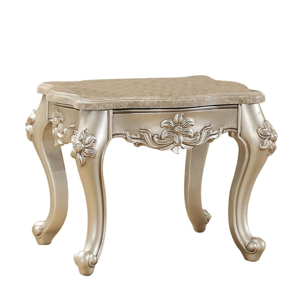 Silver Marble Top End Table with Floral Motif and Wood Legs