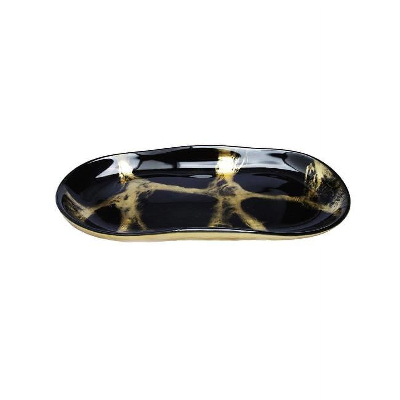 Elegant Marbleized Glass Oval Dish in Black & Gold