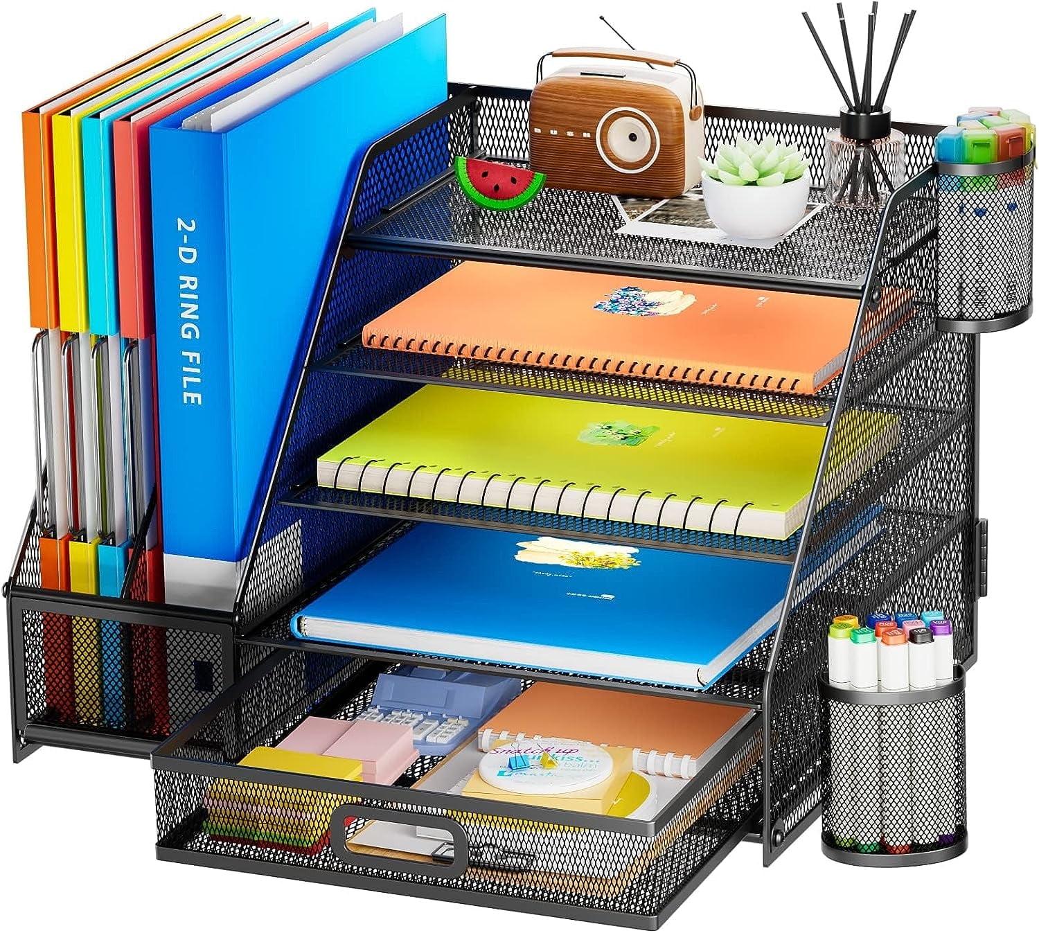 Black Mesh 5-Tier Desk Organizer with File and Magazine Holders