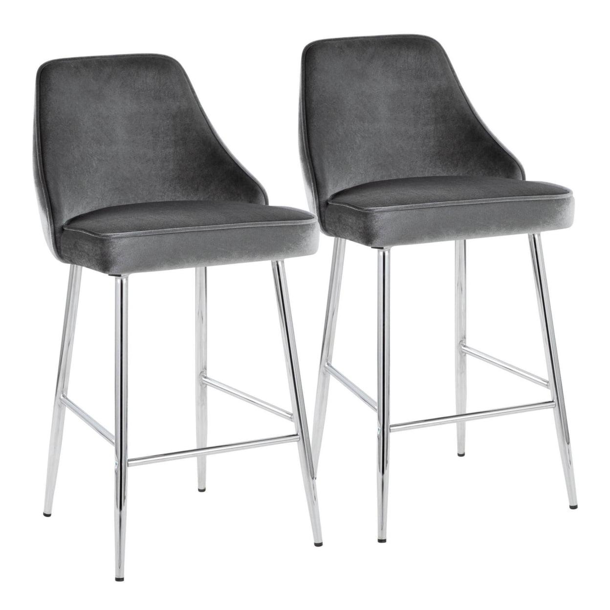 Marcel 25" Contemporary Fixed-Height Counter Stool In Chrome And Blue Velvet - Set Of 2