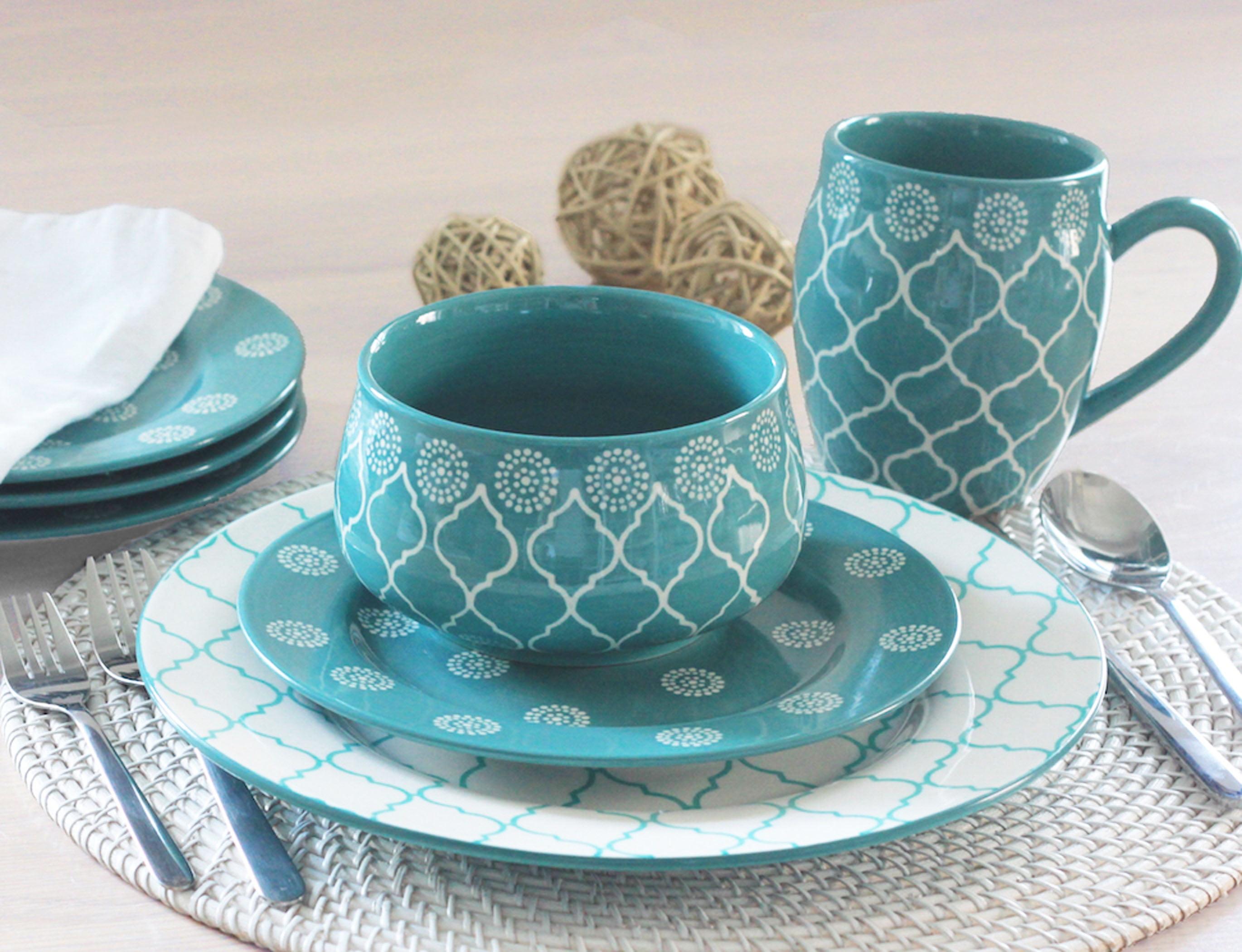 Marcela Floral Turquoise Ceramic Dinnerware Set, Service for 4