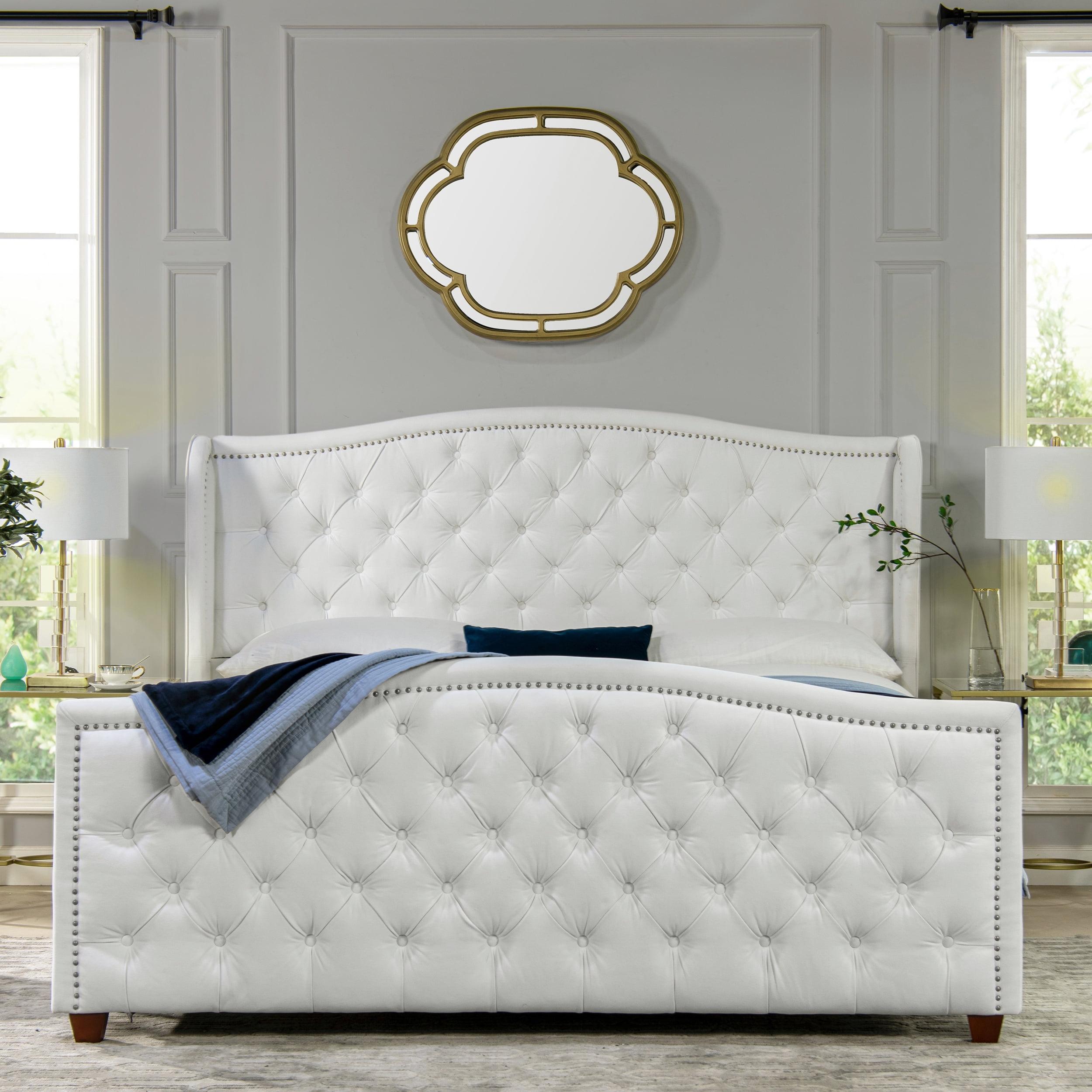 Elegant King-Sized Birch Wood Frame Bed with Tufted Polyester Upholstery